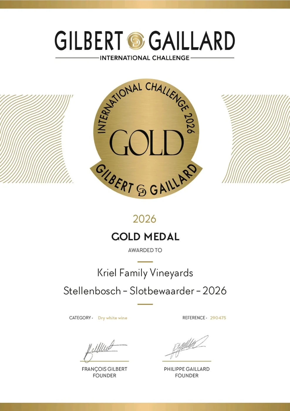 Gilbert and Gaillard 2026 Gold Medal certificate for Slotbewaarder Chenin Blanc