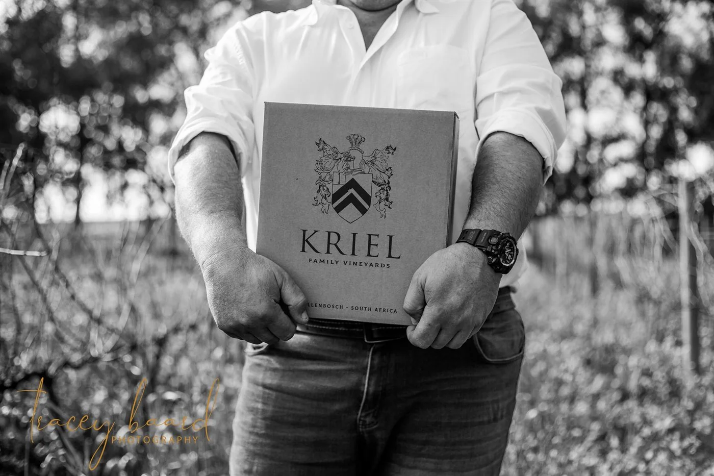 Kriel Family Vineyards box held in the vineyard